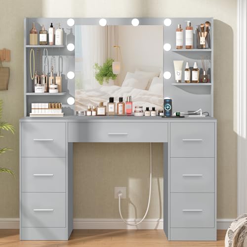 White Large Vanity Desk with LED Lighted Mirror & Power Outlet, 7 Drawers, 4 Shelves and 5 Hooks V5735