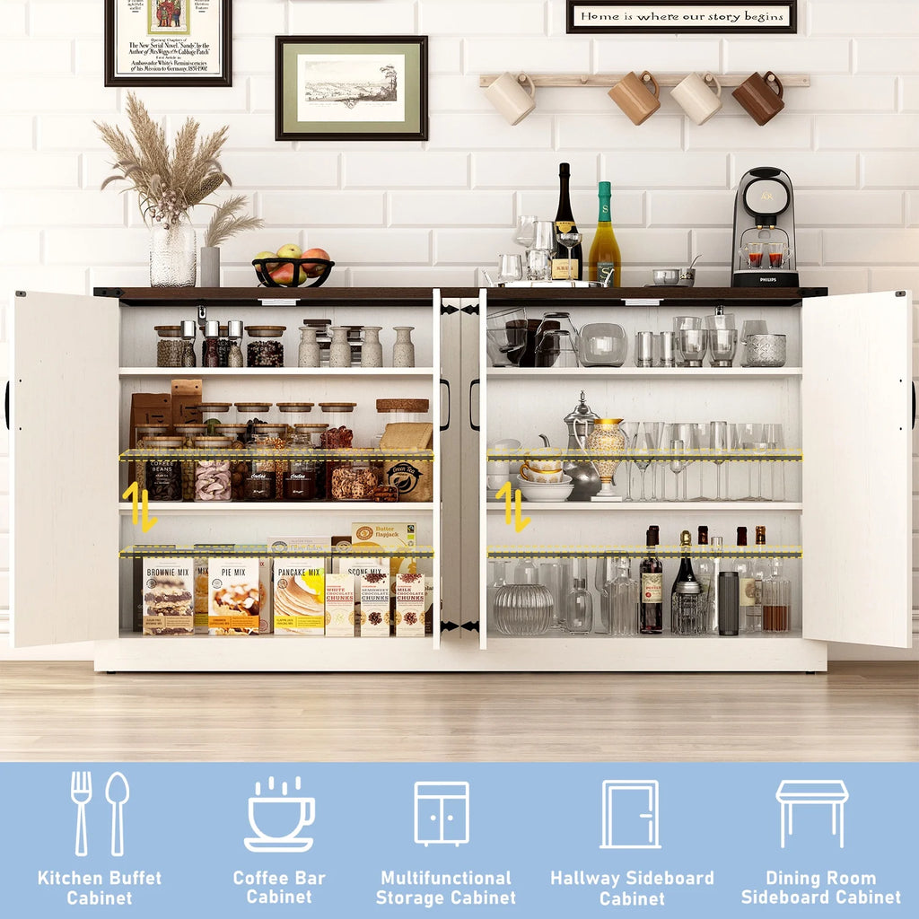 White-Brown 4 Barn Doors Buffet Cabinet with Adjustable Shelves L5202