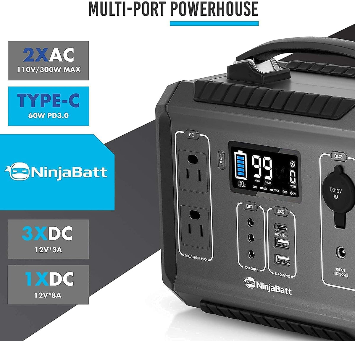 300W Portable Power Station with Pure Sine Wave AC Outlets Q5336