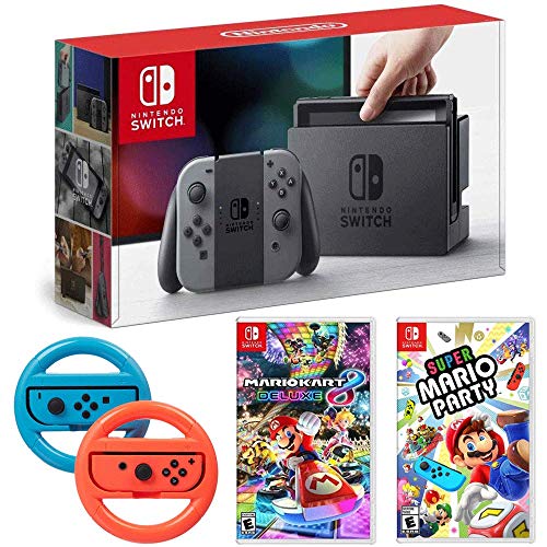 32GB Console with Gray Joy Con Bundle with Super Mario Party, Mario Kart 8 Deluxe and Steering Wheel 2-Pack F5273