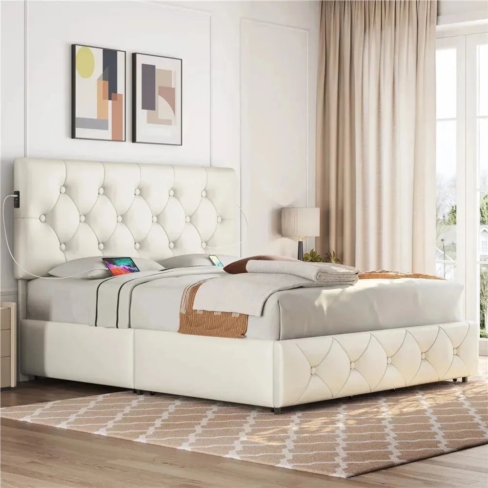 Beige Faux Leather Upholstered Bed with 4 Storage Drawers and USB Ports H4816
