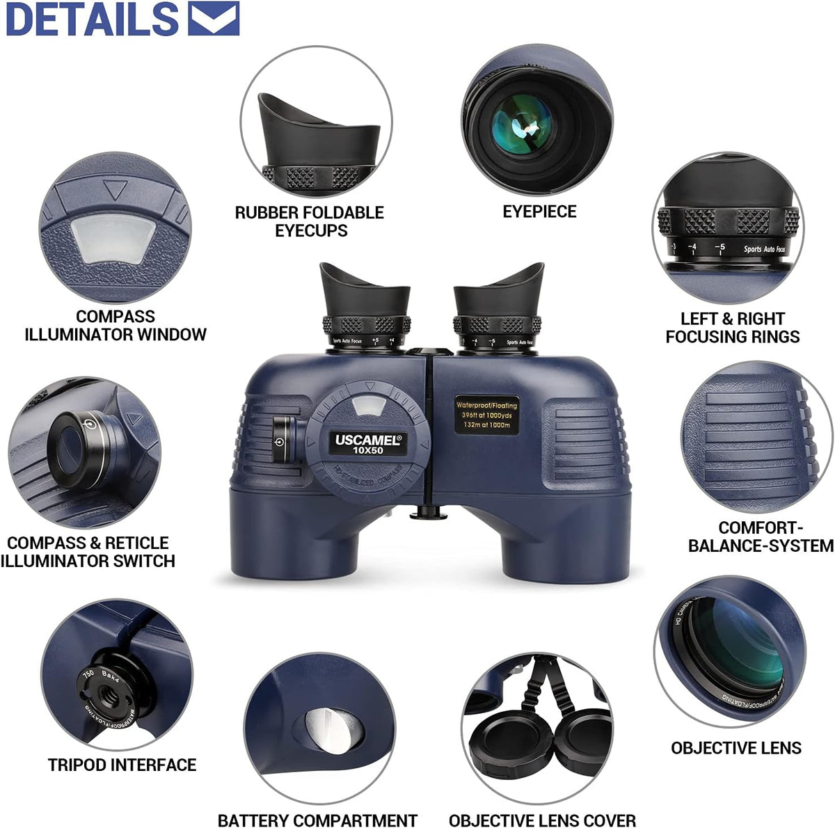 10×50 IPX7 Waterproof Marine Binoculars with Rangefinder Compass BAK4 Prism FMC Lens T7691