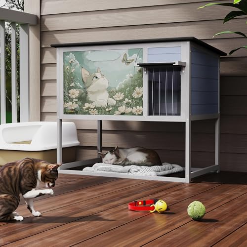 Weatherproof Insulated Outdoor Cat House with PVC Curtain W216864