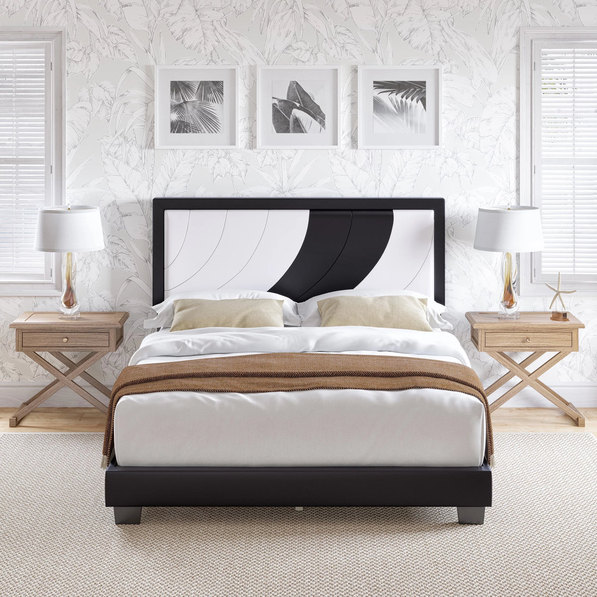 Queen Black Gray Faux Leather Platform Bed U13333