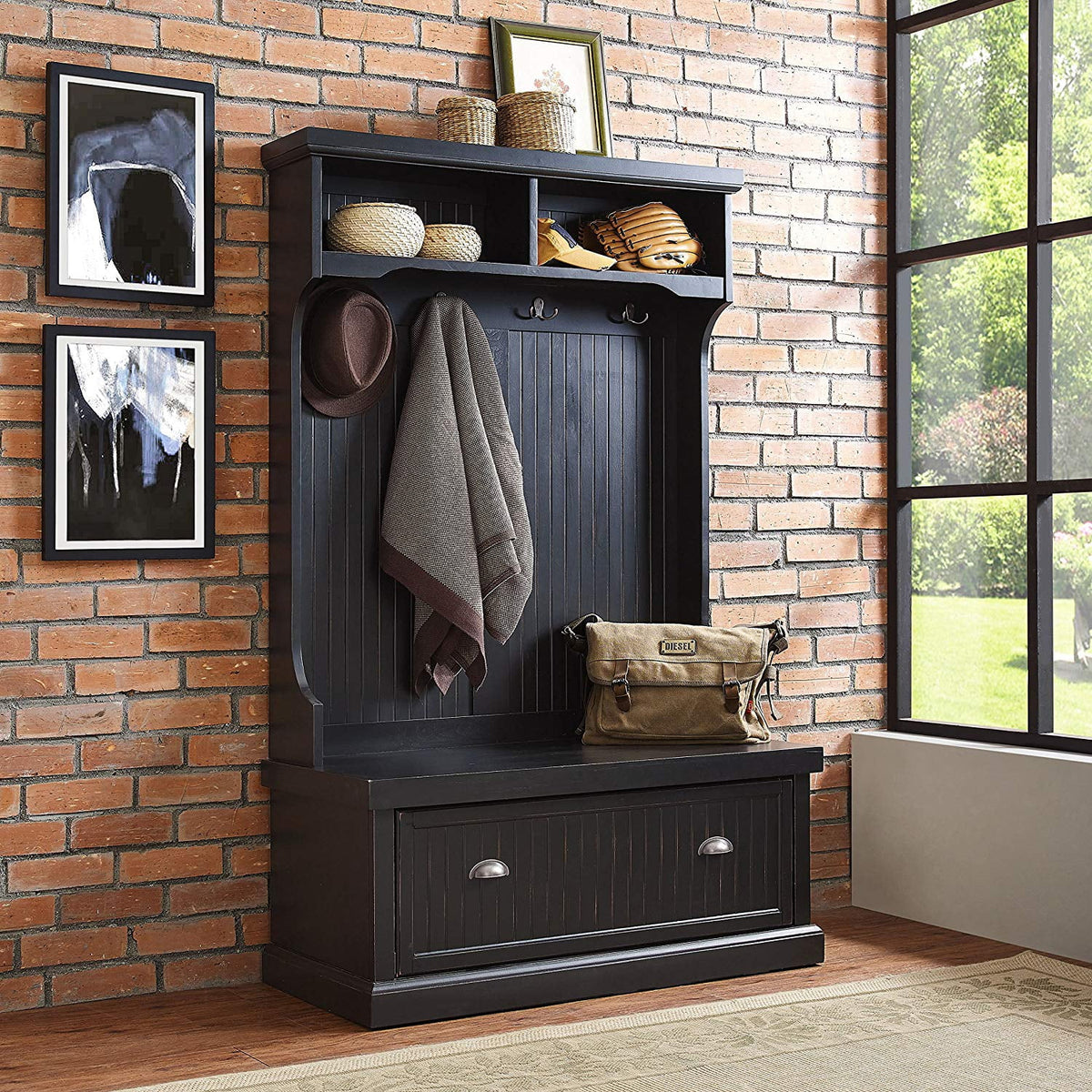 Distressed Black Wood Hall Tree H371