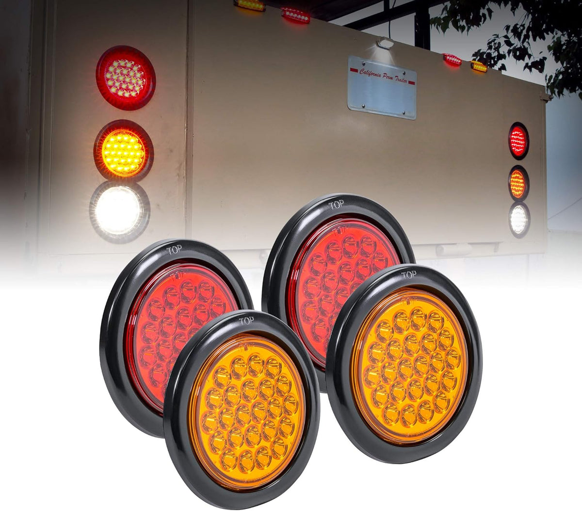 2 Red 2 Amber 2 White 4" Round LED Trailer Tail Light Kit D7616