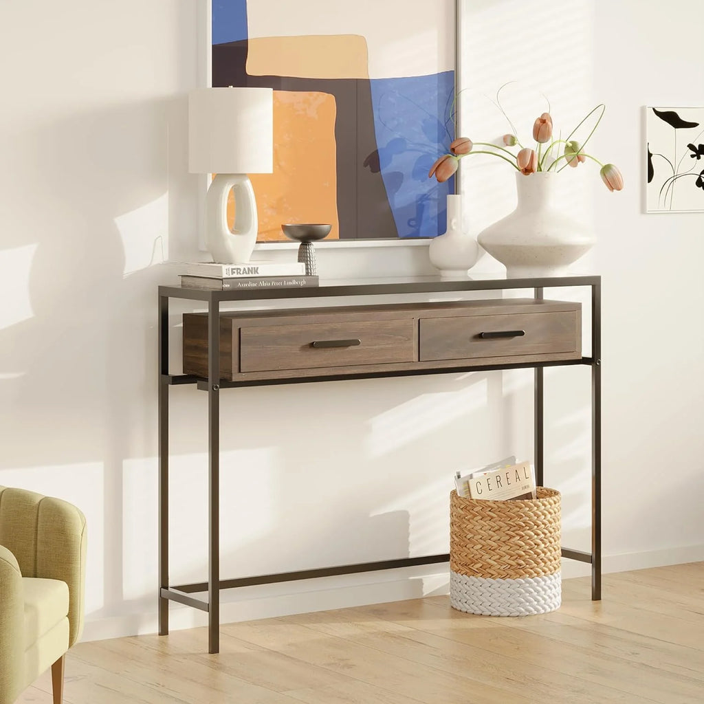 43 Inch Narrow Console Table with 2 Drawers Glass Top E4163
