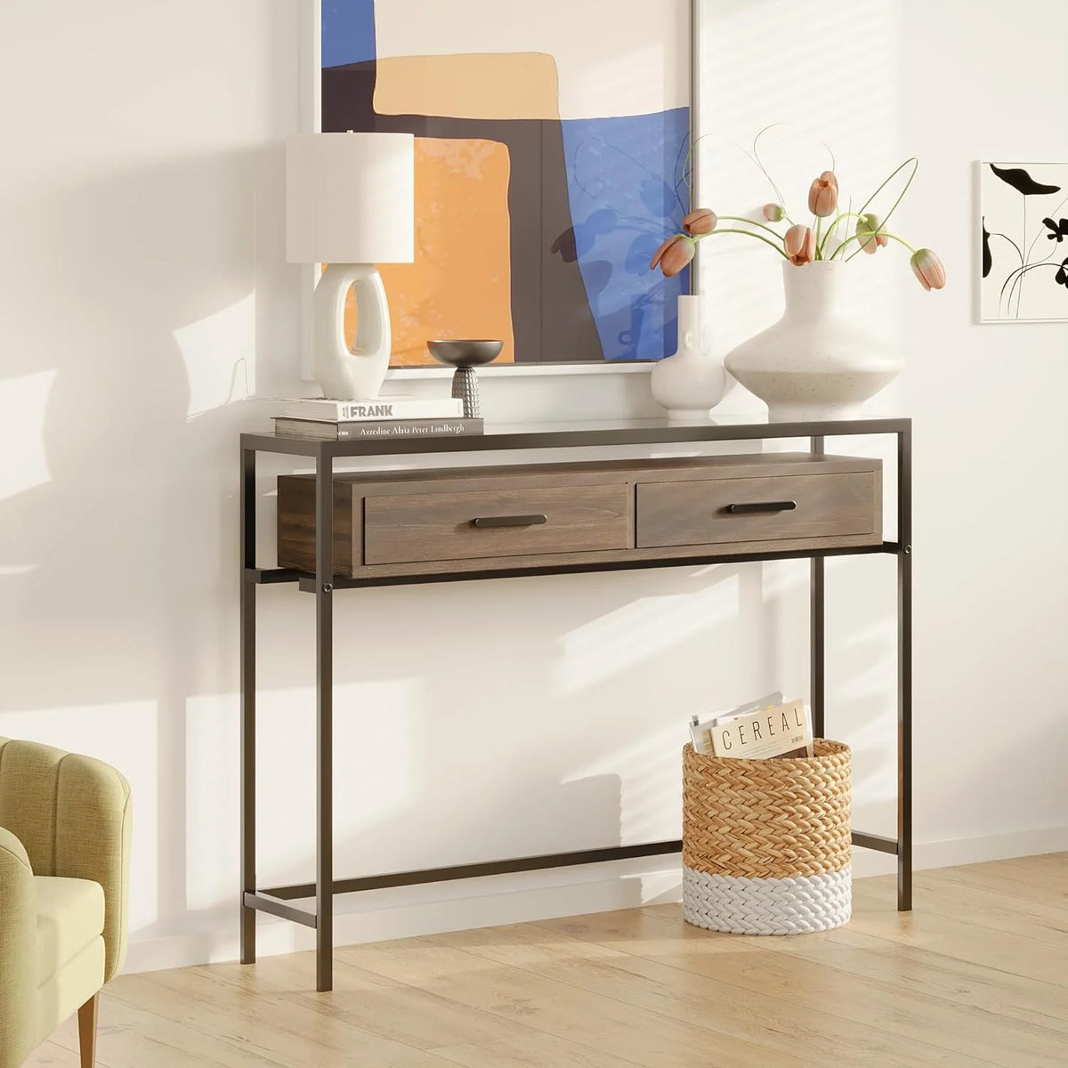 43 Inch Narrow Console Table with 2 Drawers Glass Top E4163