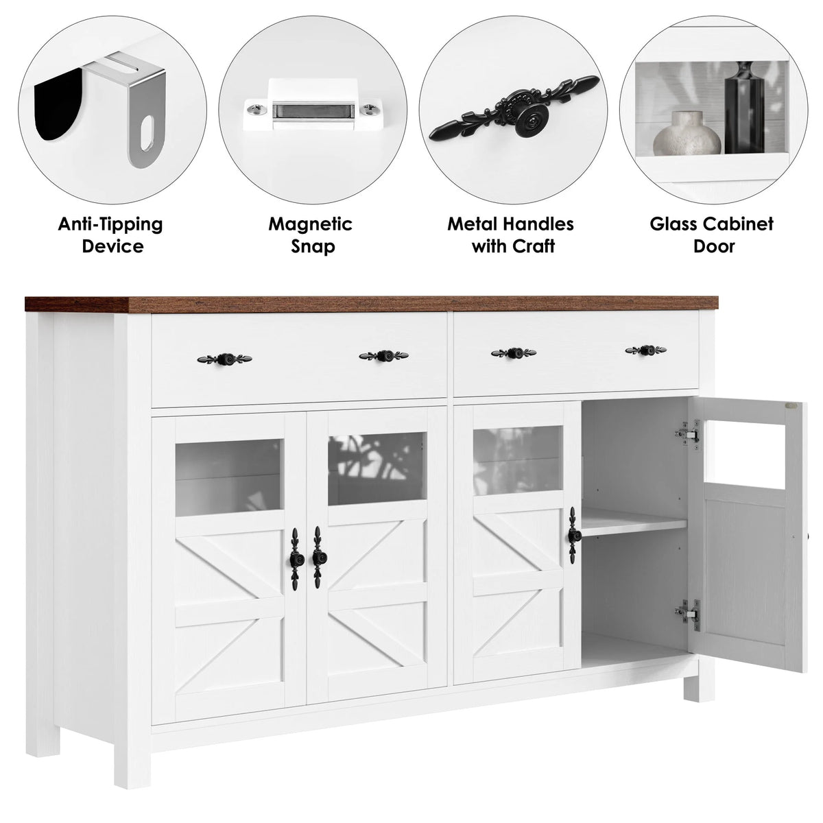 2 Drawer Glass Door Wood Sideboard Z1443