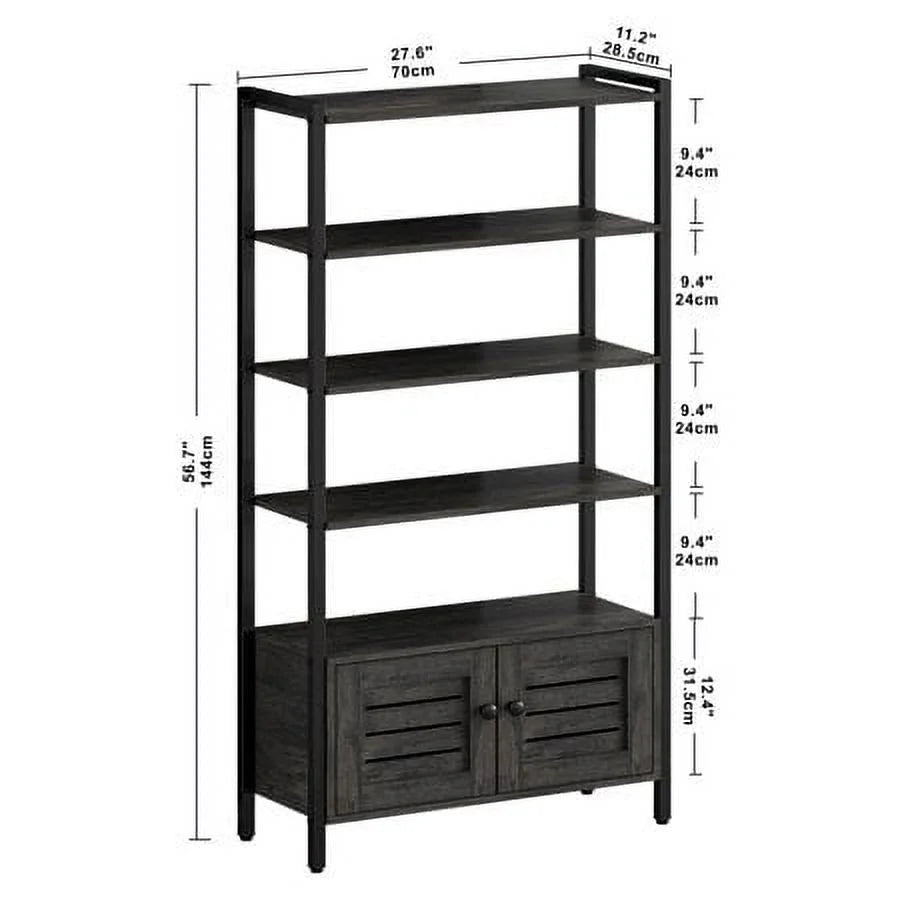 Charcoal Grey 5-Tier Bookshelf with 2 Doors and Wheels J431004