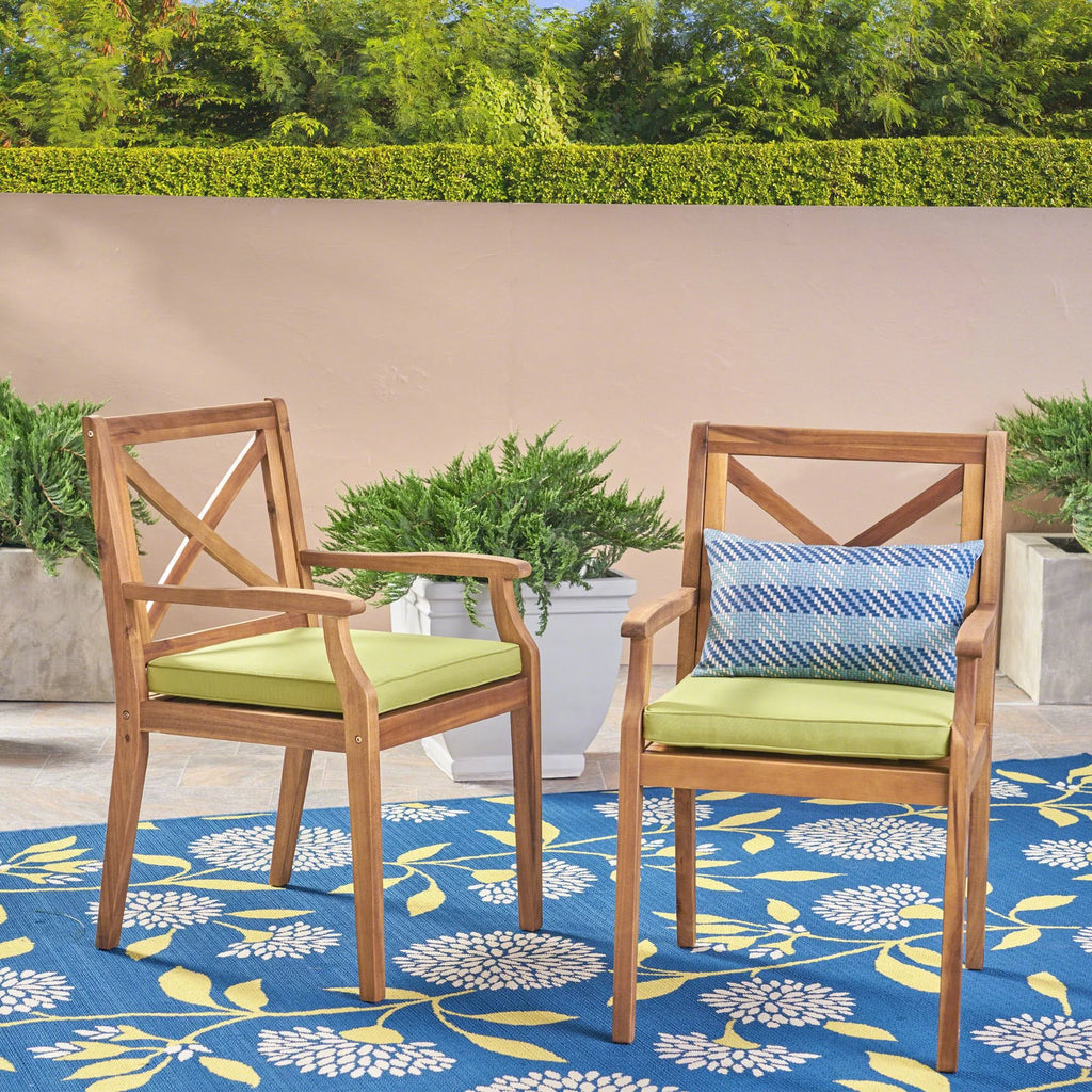 Teak and Green Wooden Patio Dining Arm Chair Set of 2 C4055