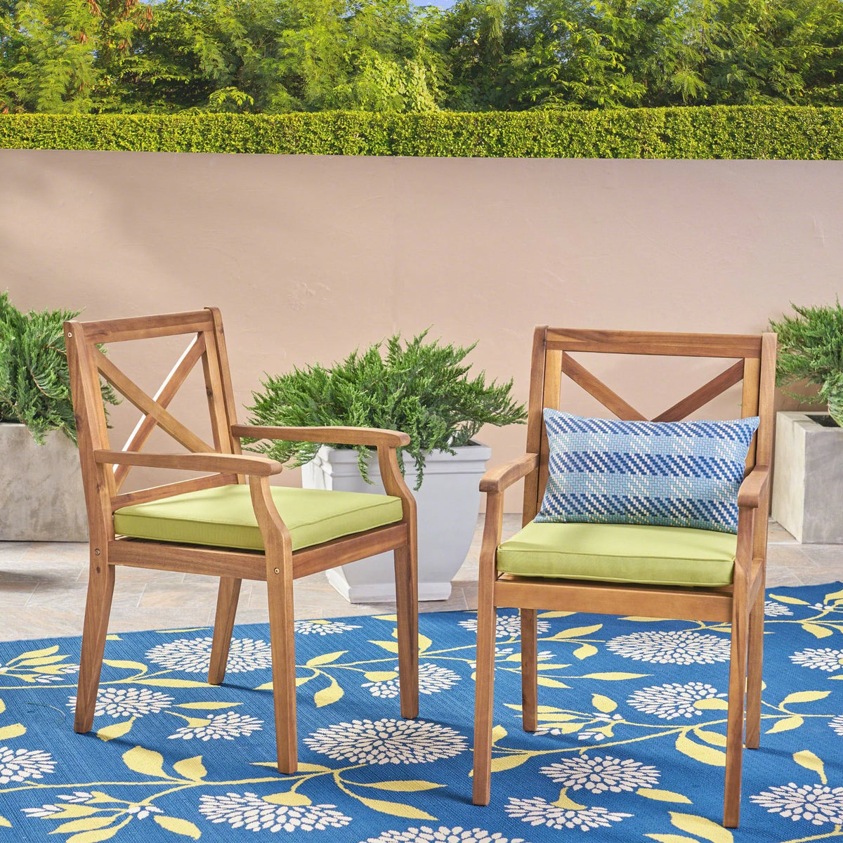 Teak and Green Wooden Patio Dining Arm Chair Set of 2 C4055
