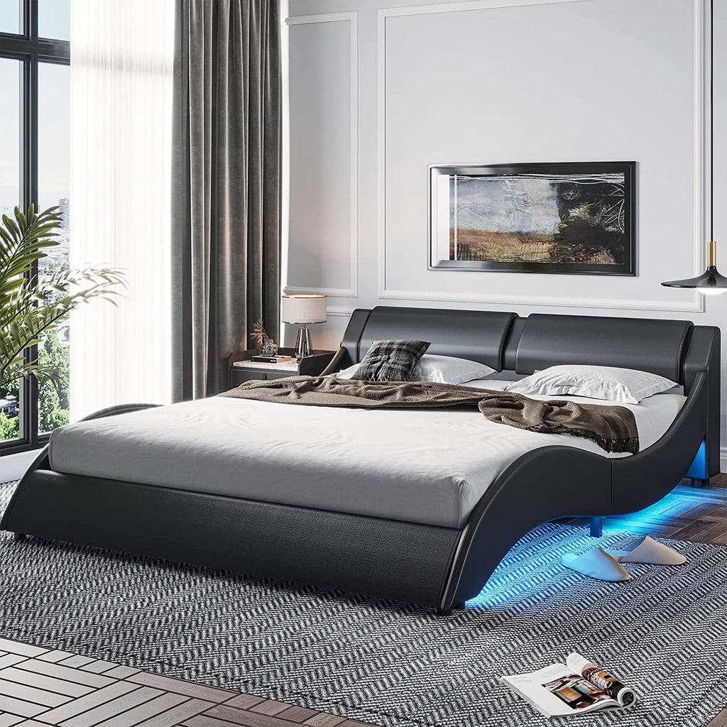 Queen LED Bed Frame Upholstered Platform with Faux PU Leather Headboard S539064