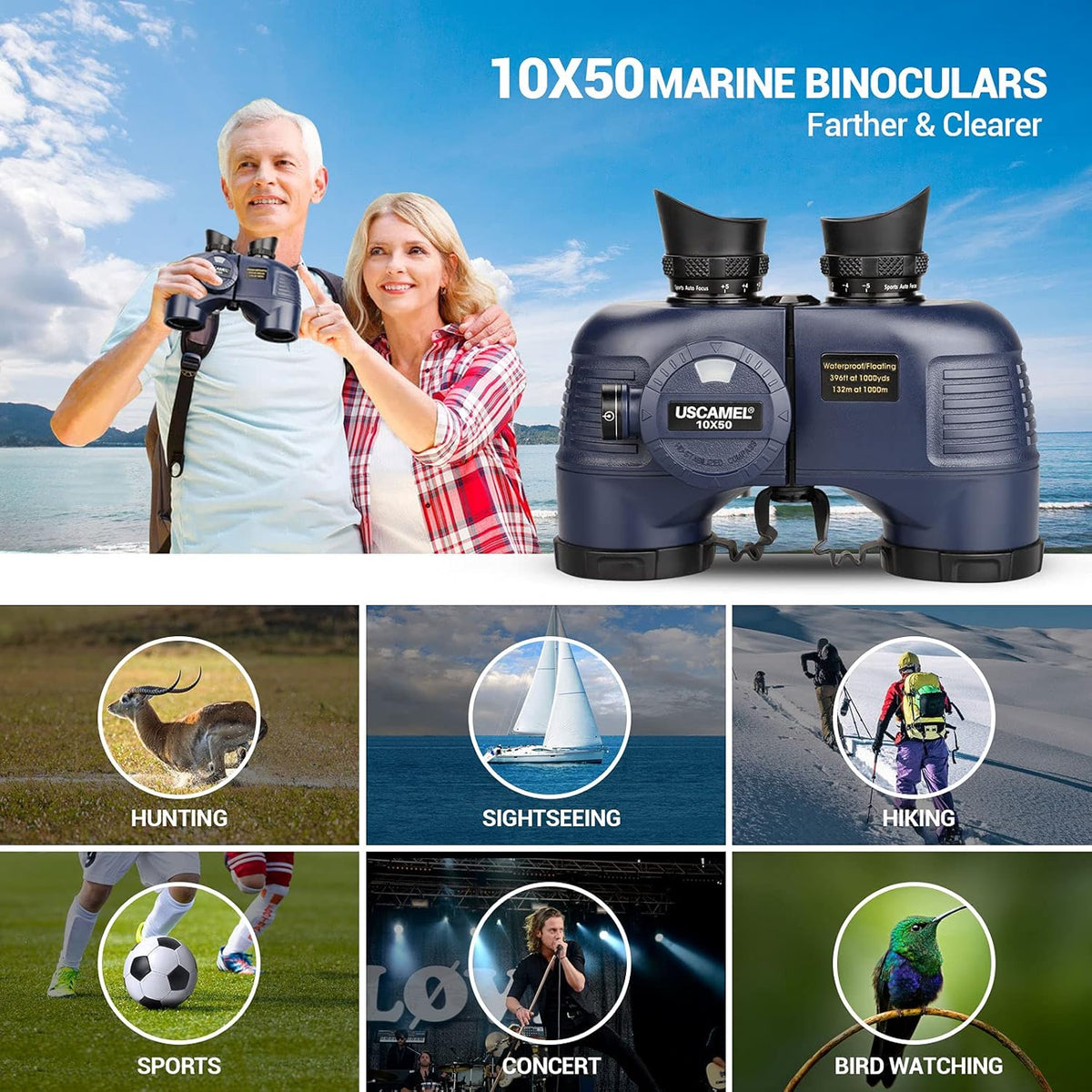 10×50 IPX7 Waterproof Marine Binoculars with Rangefinder Compass BAK4 Prism FMC Lens T7691