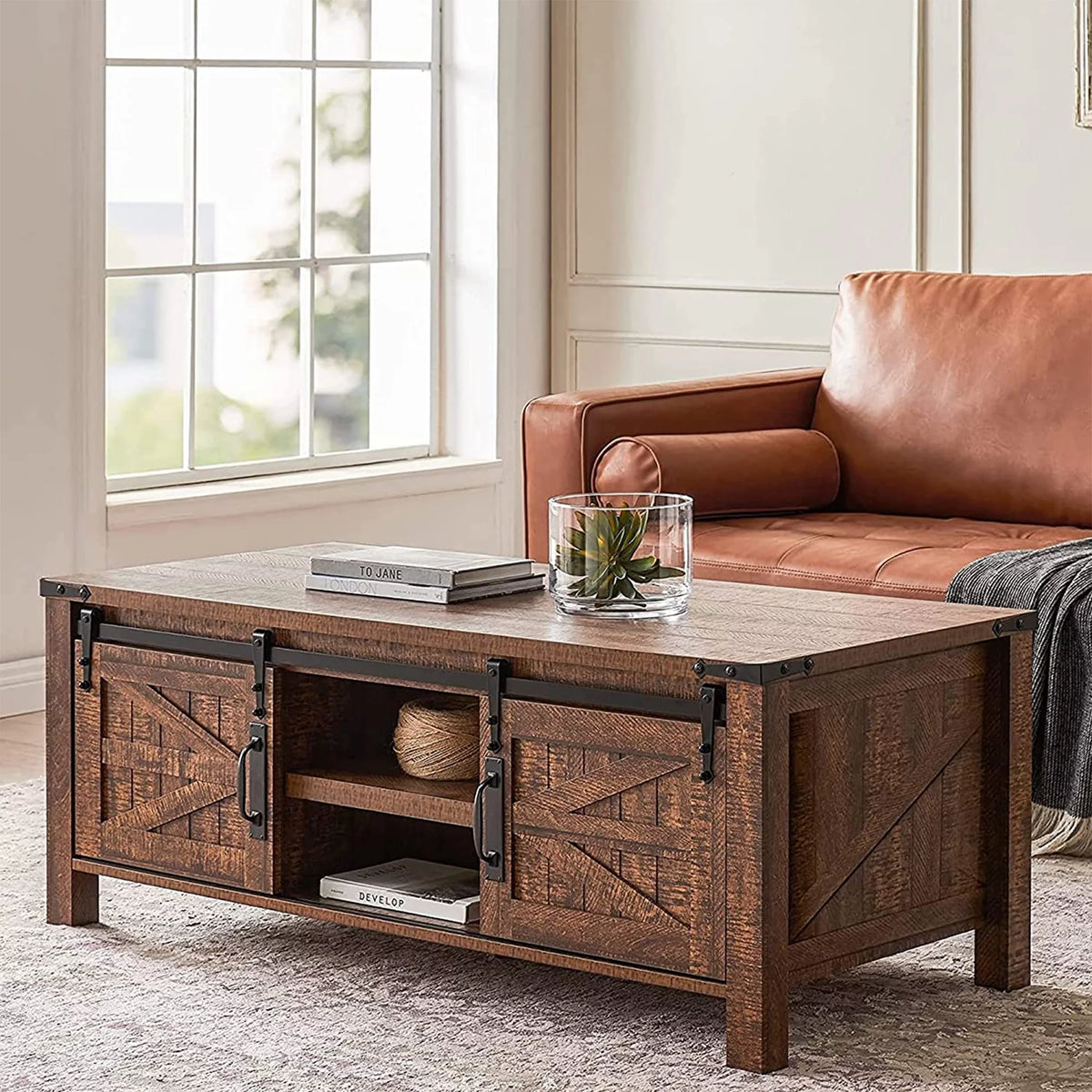 48 Inch Coffee Table with Sliding Barn Doors L891