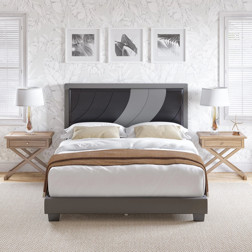 Queen Black Gray Faux Leather Platform Bed U13333