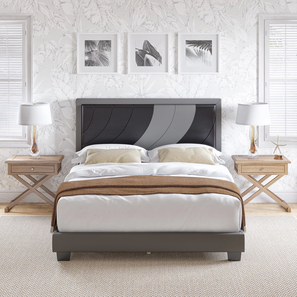 Queen Black Gray Faux Leather Platform Bed U13333