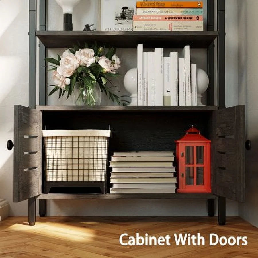 Charcoal Grey 5-Tier Bookshelf with 2 Doors and Wheels J431004
