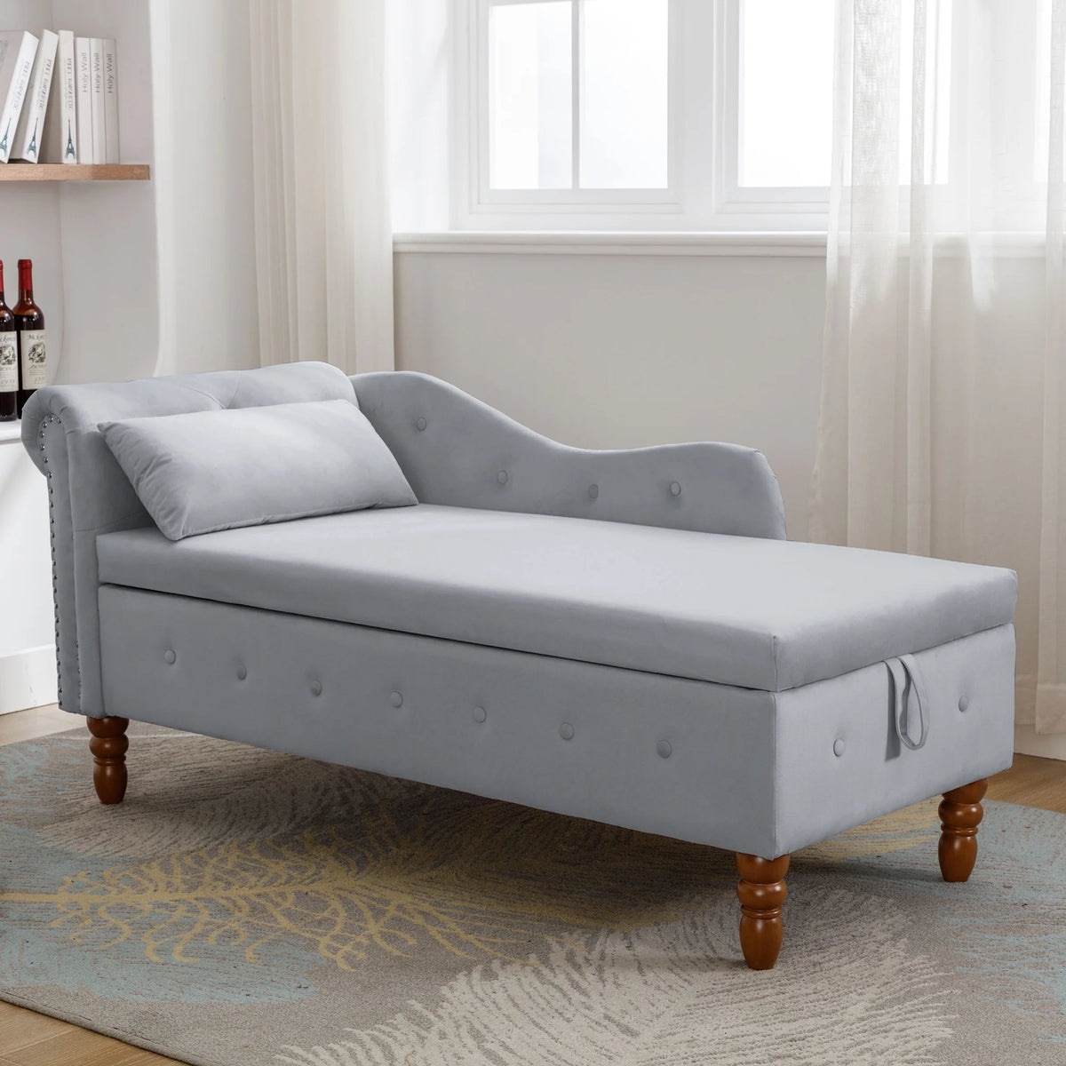 Grey Velvet Chaise Lounge with Storage & Pillow K327678