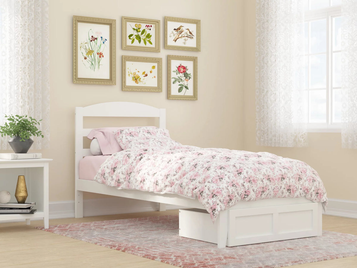 White Twin XL Wood Platform Bed Frame with Foot Drawer Storage C59537