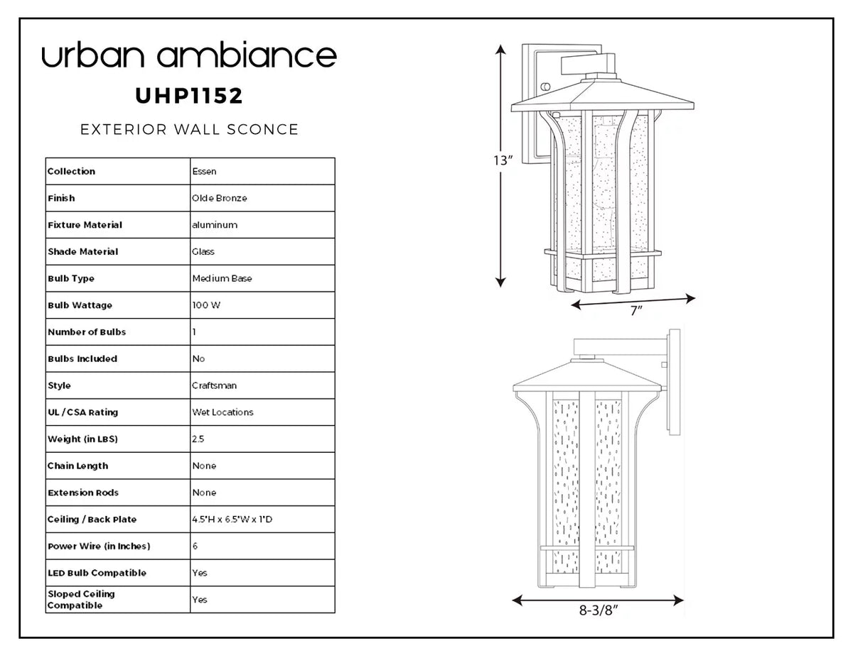 13''H x 7''W Olde Bronze Glass Outdoor Wall Sconce D86998