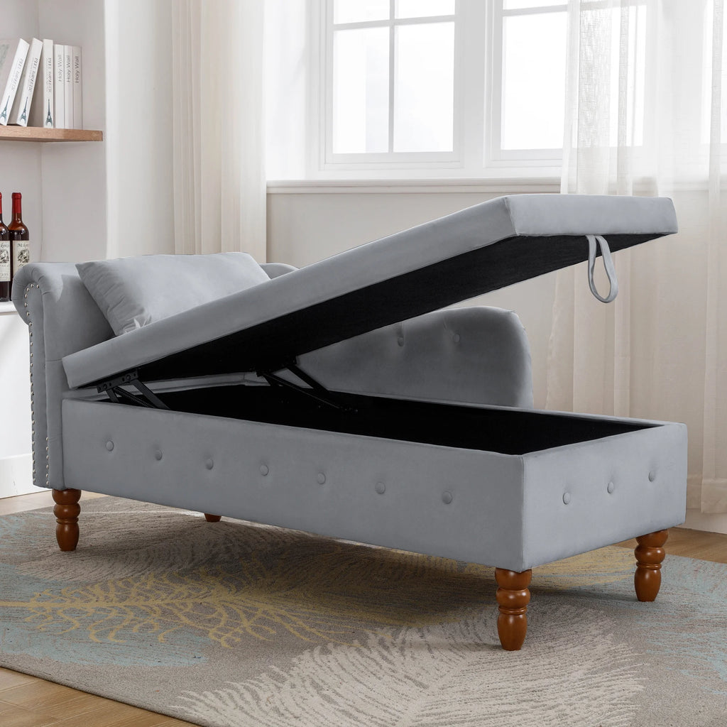 Grey Velvet Chaise Lounge with Storage & Pillow K327678
