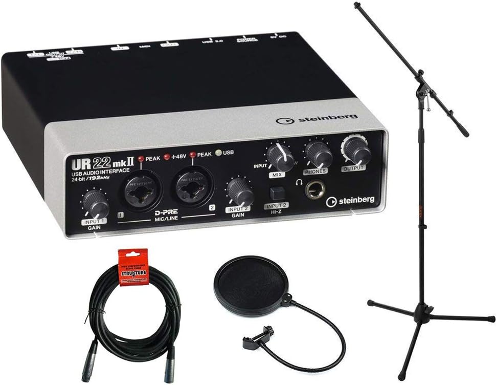 USB 2.0 Audio Interface with Dual Microphone Preamps, Tripod Microphone Stand, XLR-XLR Cable & Pop Filter Kit Z241400
