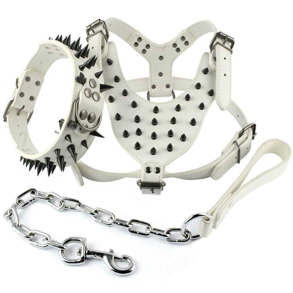 Black Leather Studded 3 Pcs Dog Collar Leash Harness Set V300