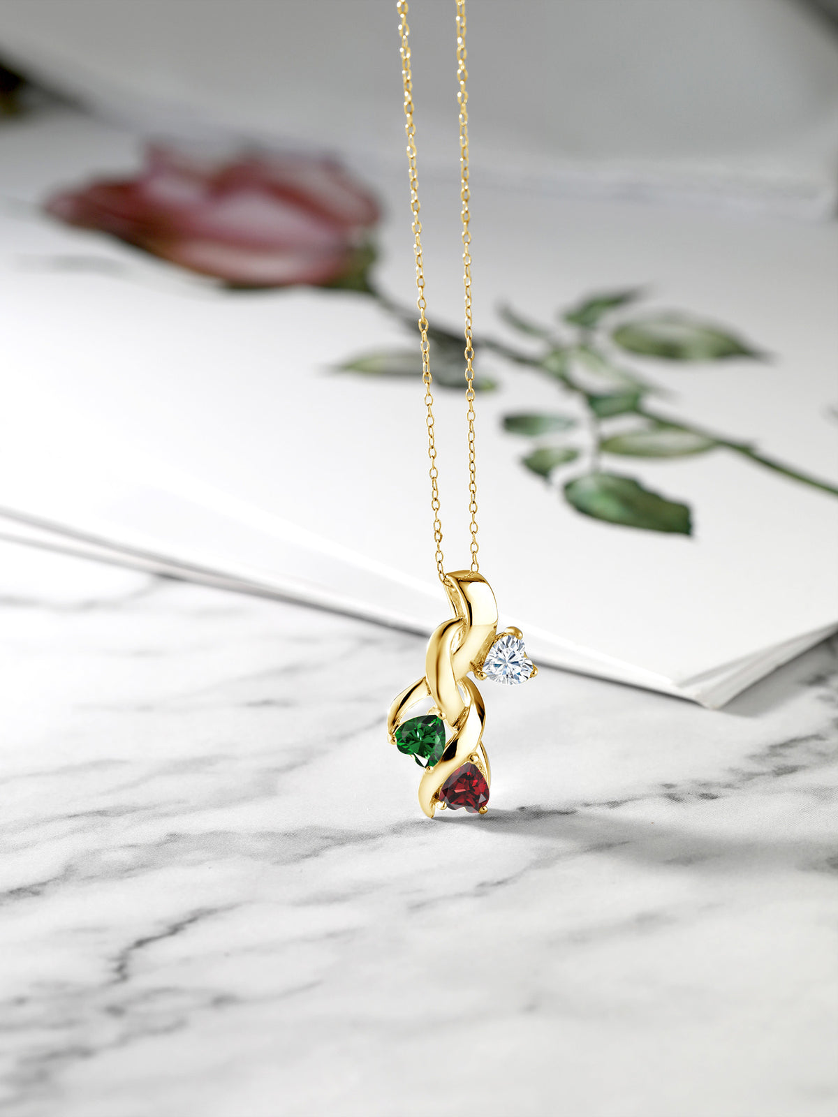 18K Yellow Gold Plated Silver White Moissanite Green Nano Emerald Red Garnet Heart Shape Pendant K75804