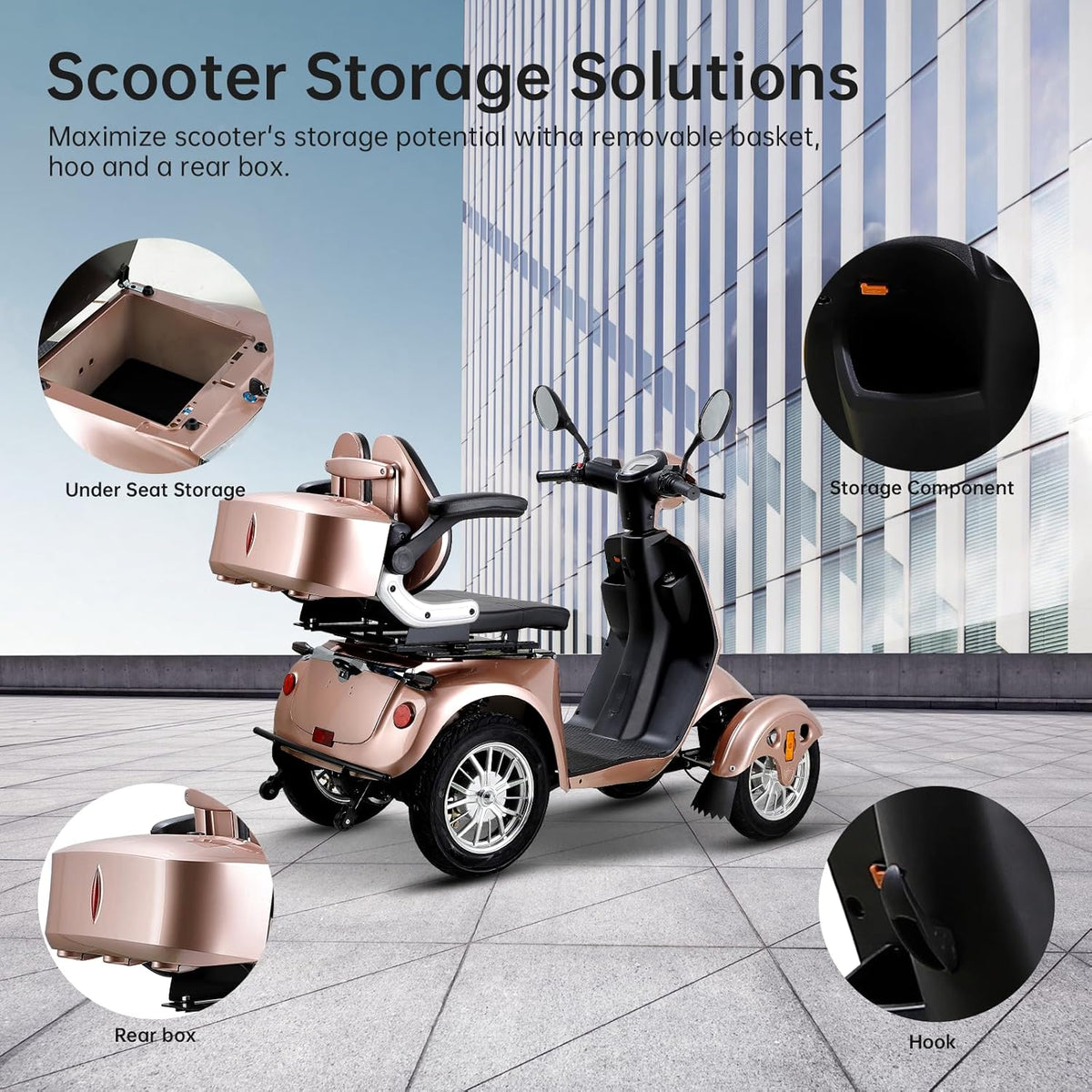 800W Heavy Duty 4 Wheel Mobility Scooter 500lbs Capacity with 3-Speed Control & USB Charger Port, Under Seat Storage, Rose Y8640