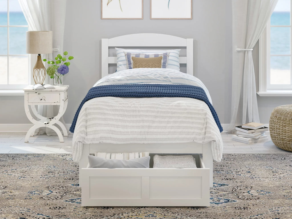 White Twin XL Wood Platform Bed Frame with Foot Drawer Storage C59537
