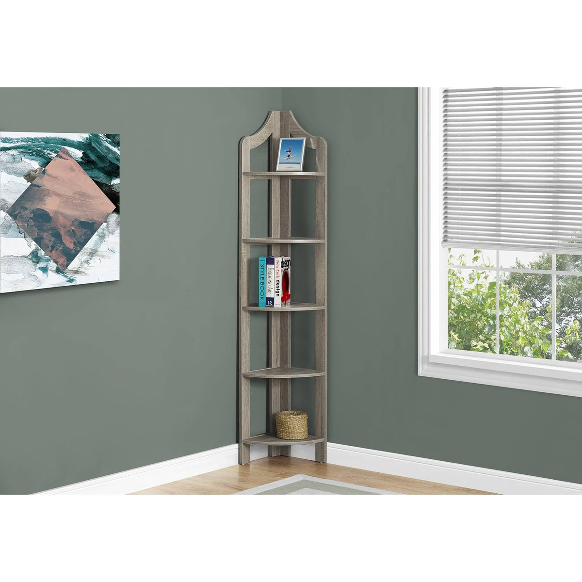 5 Tier White Wood Corner Bookshelf O29503