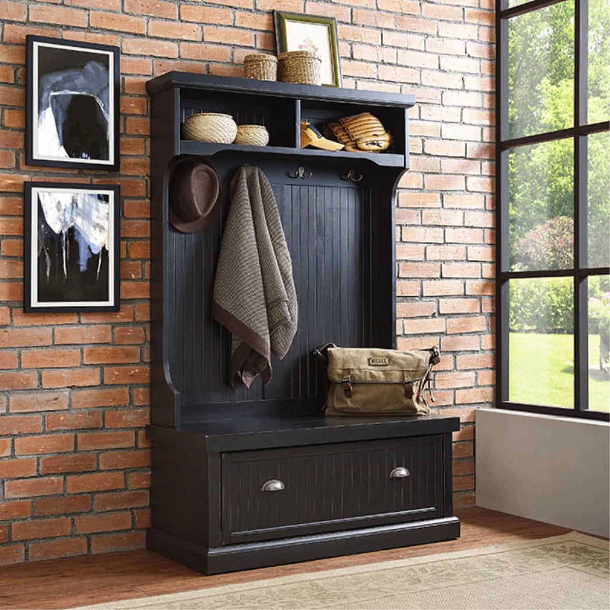 Distressed Black Wood Hall Tree H371