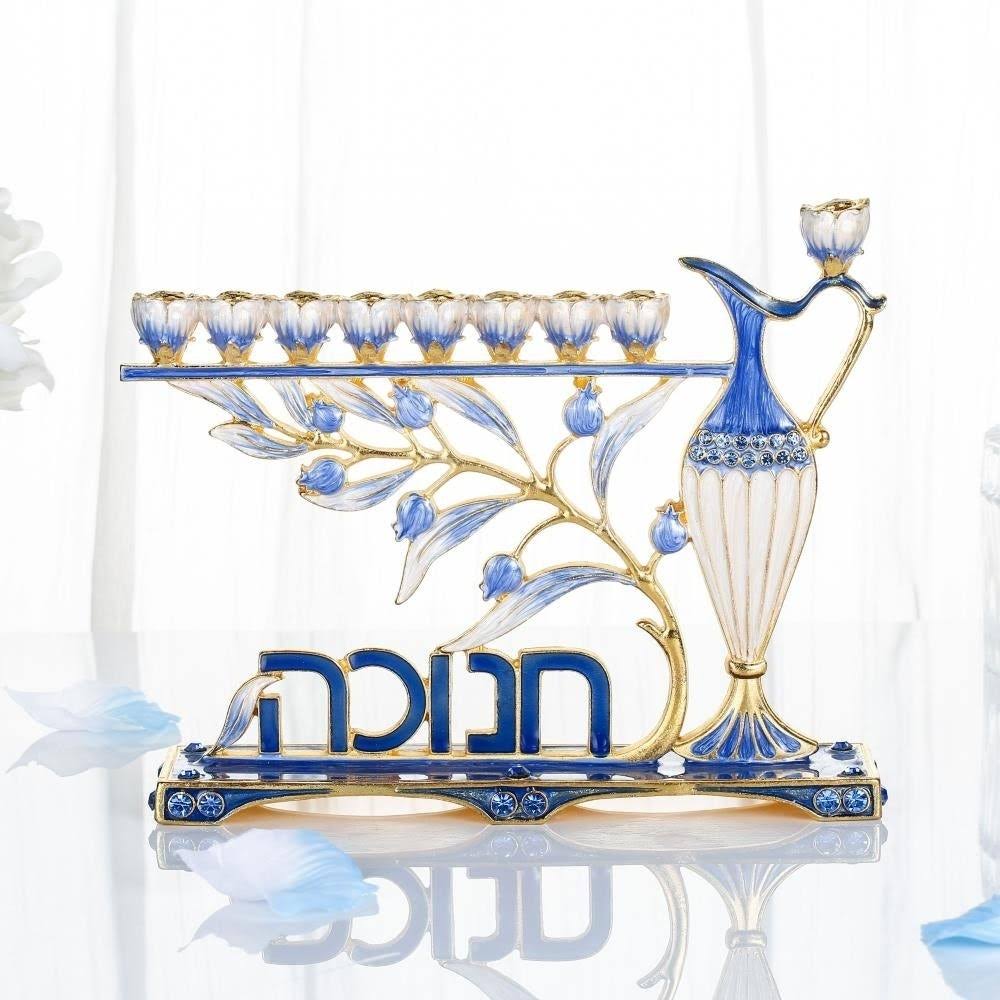 Blue Enamel Menorah Candelabra X585