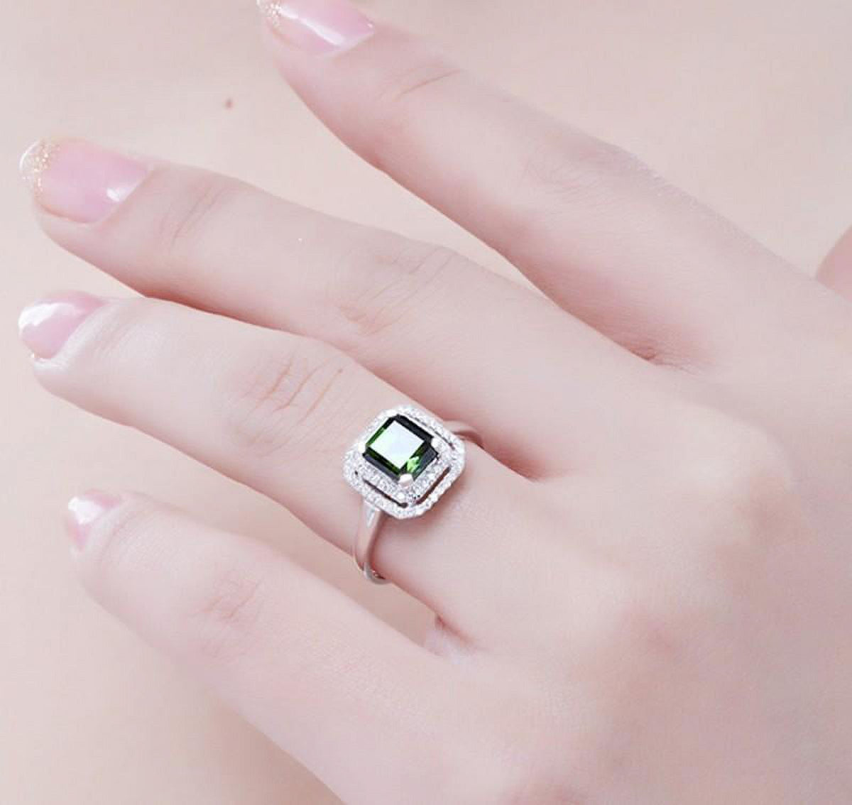 1.75 Carat Green Emerald 6mm Princess Cut Moissanite Double Halo Engagement Ring in 10k White Gold Z35303