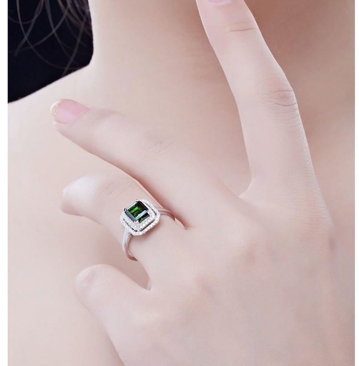 1.75 Carat Green Emerald 6mm Princess Cut Moissanite Double Halo Engagement Ring in 10k White Gold Z35303