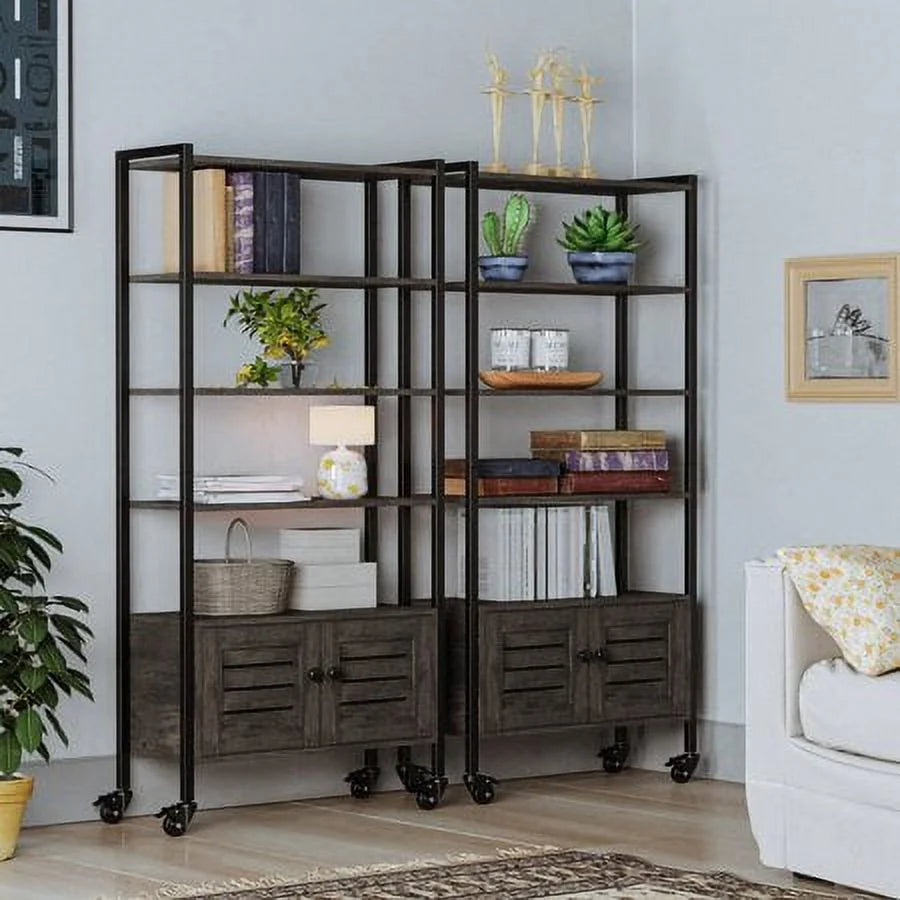 Charcoal Grey 5-Tier Bookshelf with 2 Doors and Wheels J431004