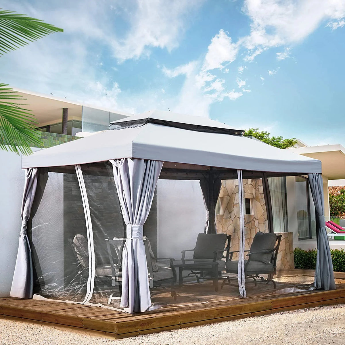 10x10 Ft Patio Gazebo with Mesh Netting Z831644