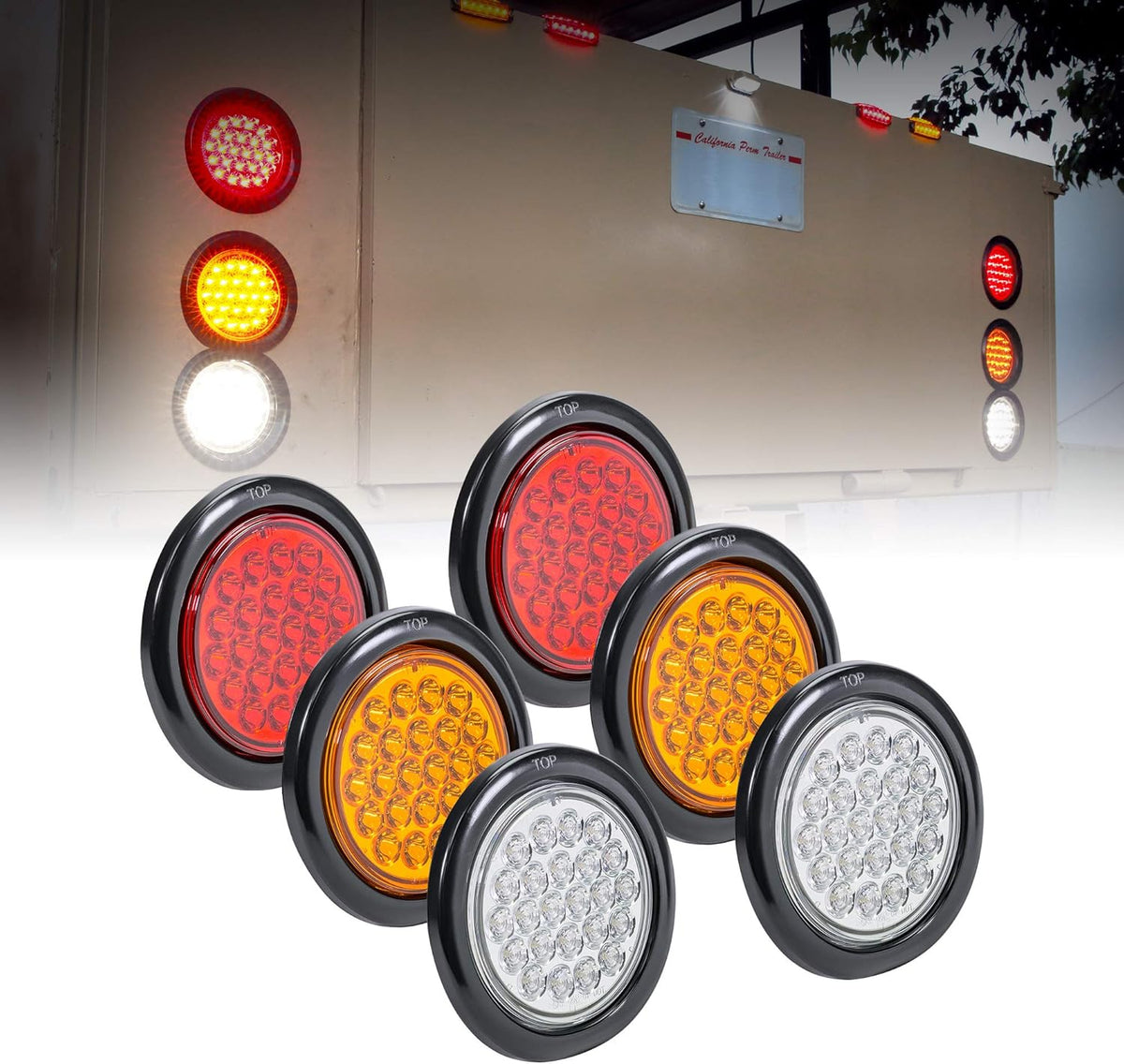 2 Red 2 Amber 2 White 4" Round LED Trailer Tail Light Kit D7616