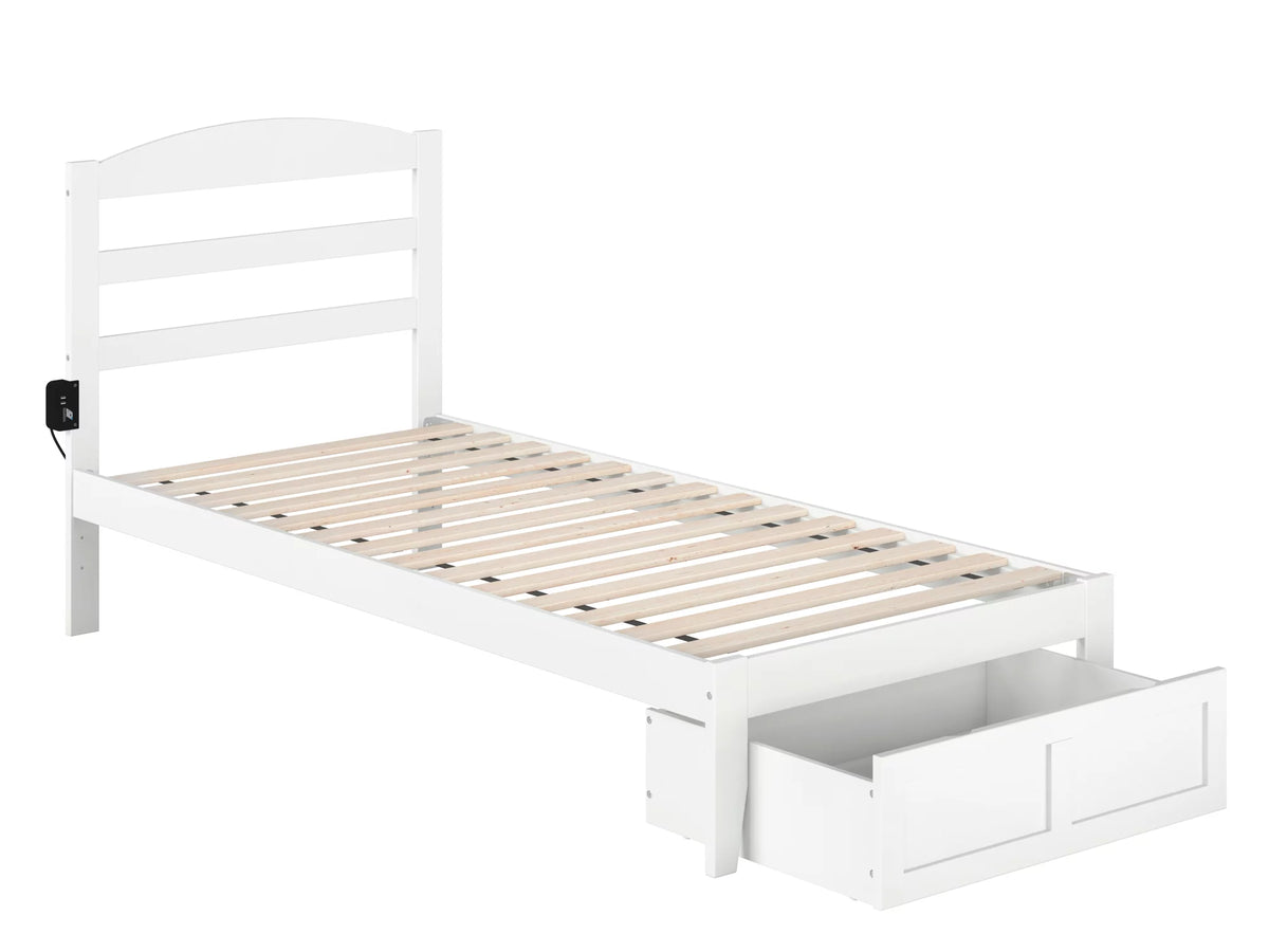 White Twin XL Wood Platform Bed Frame with Foot Drawer Storage C59537
