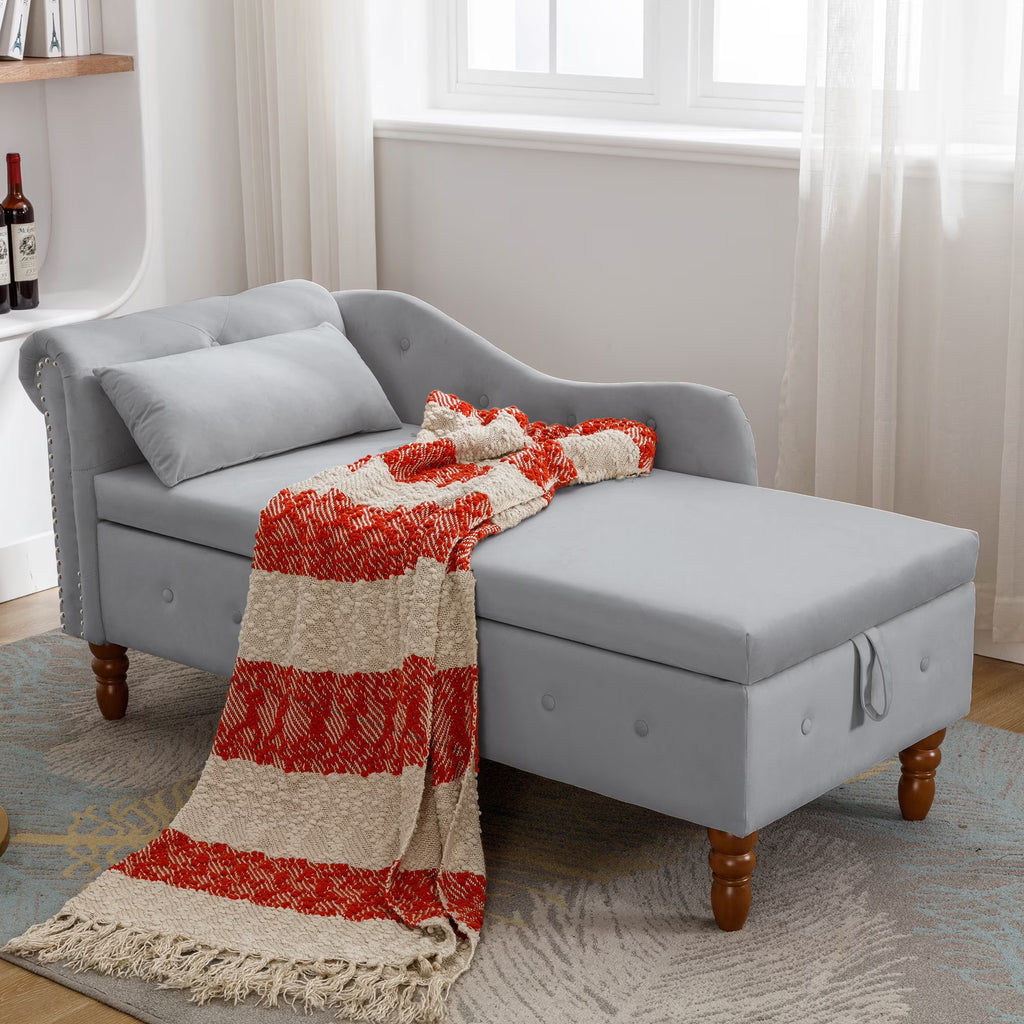Grey Velvet Chaise Lounge with Storage & Pillow K327678