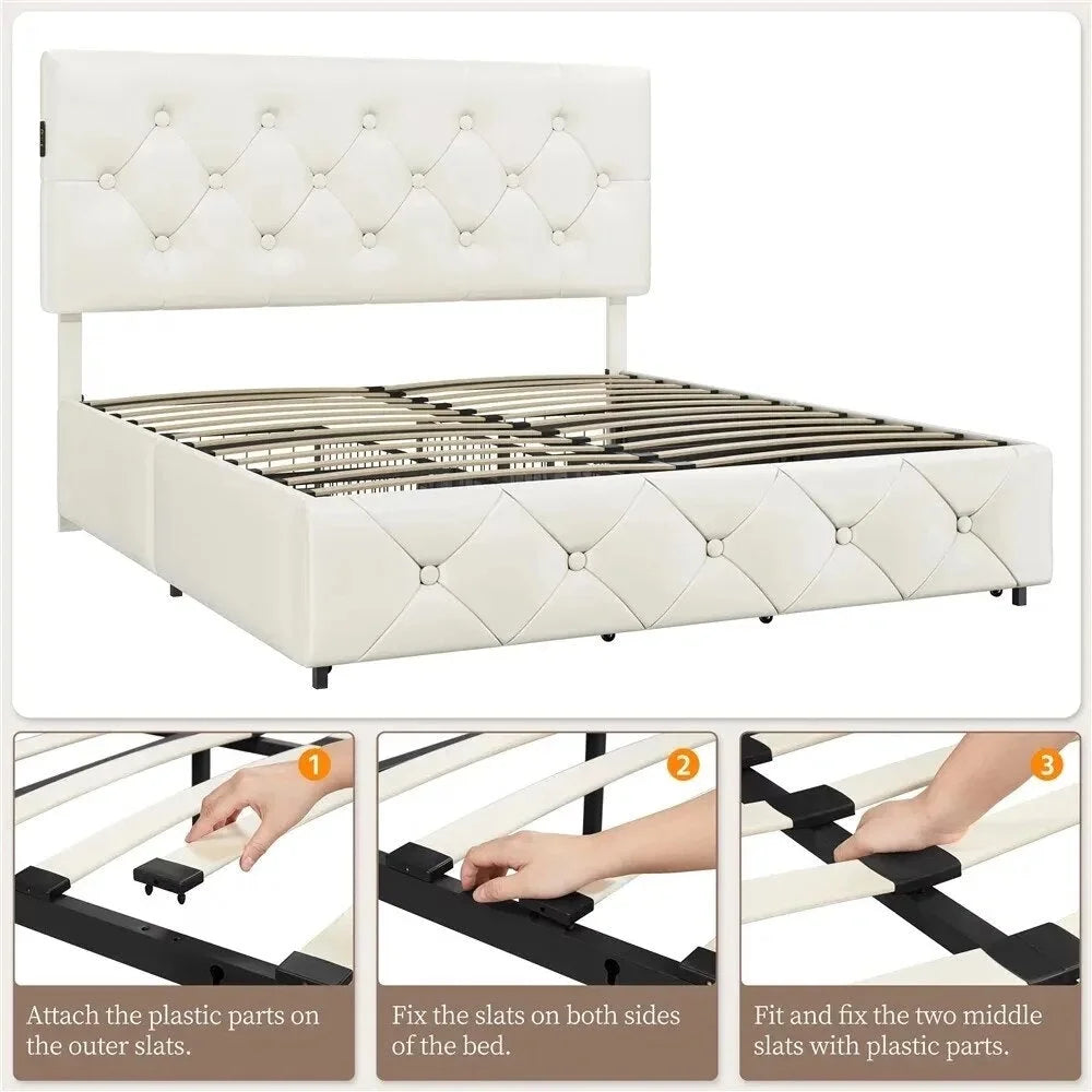 Beige Faux Leather Upholstered Bed with 4 Storage Drawers and USB Ports H4816
