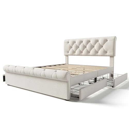 Beige Full Size Upholstered Bed Frame with 4 Drawers Z100192
