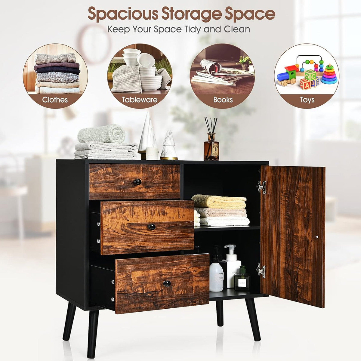 Storage Cabinet Buffet Sideboard with 3 Drawers and Adjustable Shelf V22720