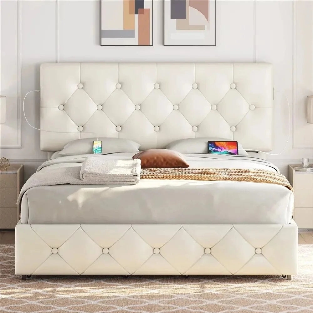 Beige Faux Leather Upholstered Bed with 4 Storage Drawers and USB Ports H4816