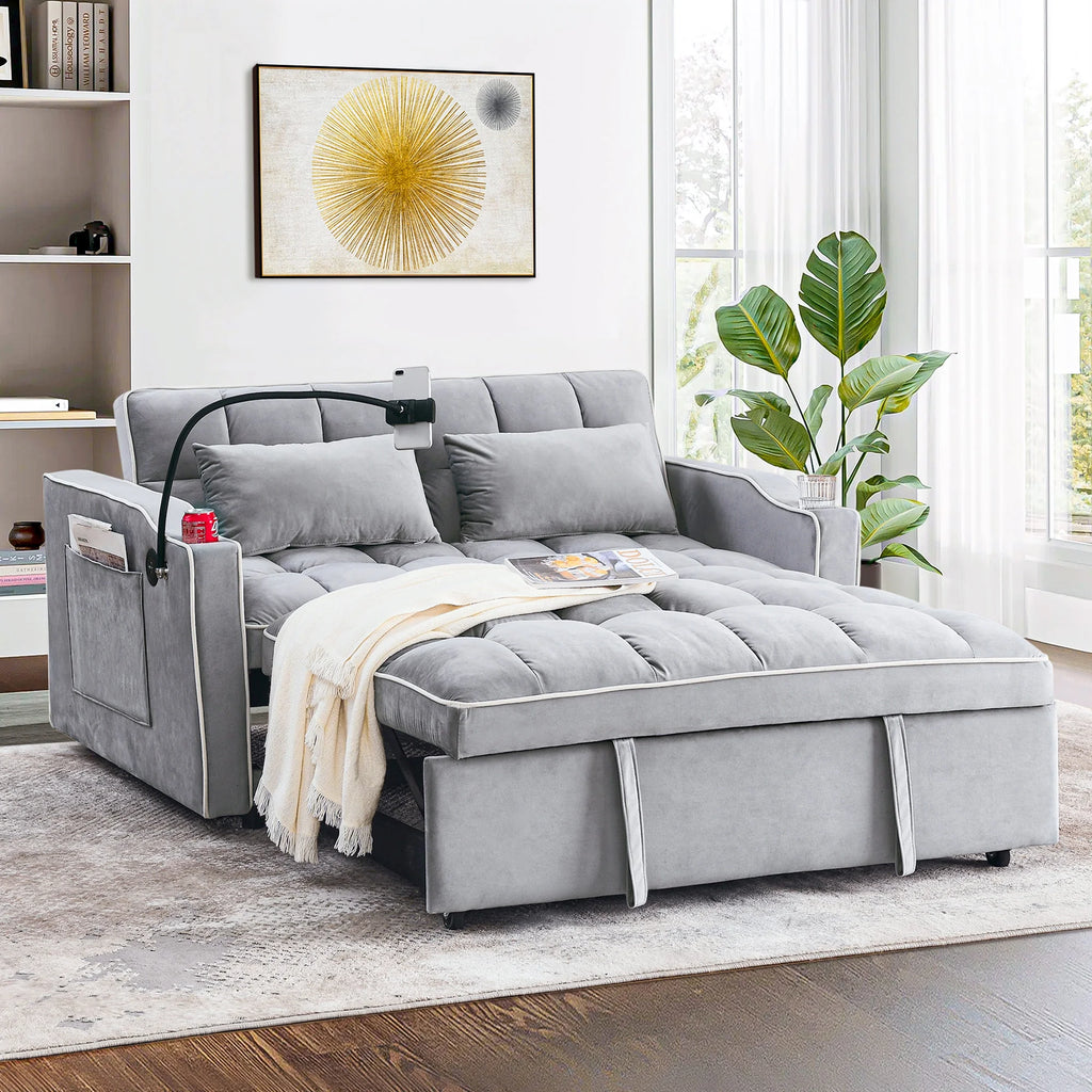 Gray Velvet Pull Out Sofa Bed with USB Port B73466
