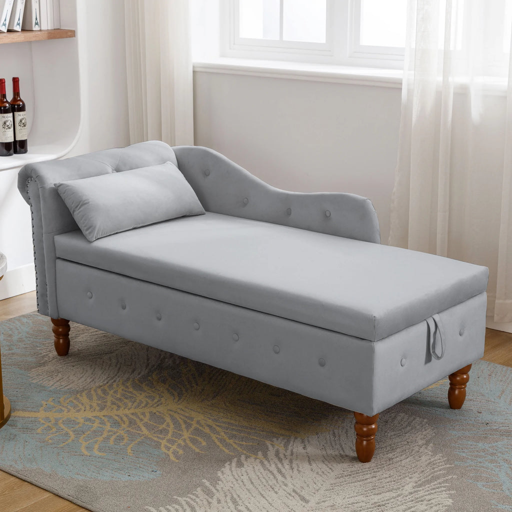 Grey Velvet Chaise Lounge with Storage & Pillow K327678