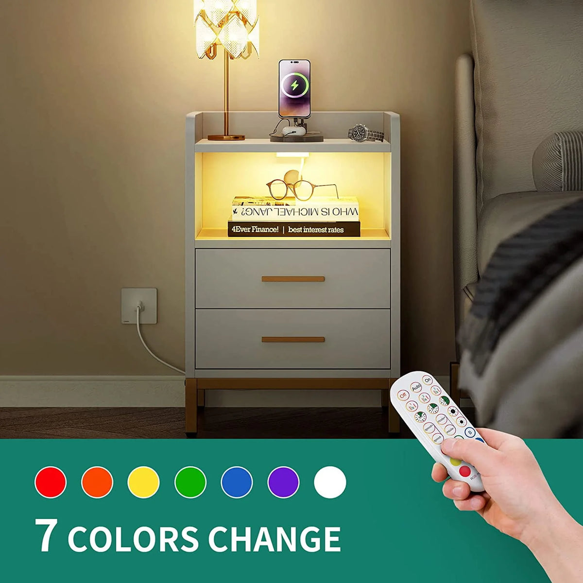 White Night Stand with 2 Drawers and Charging Station S616