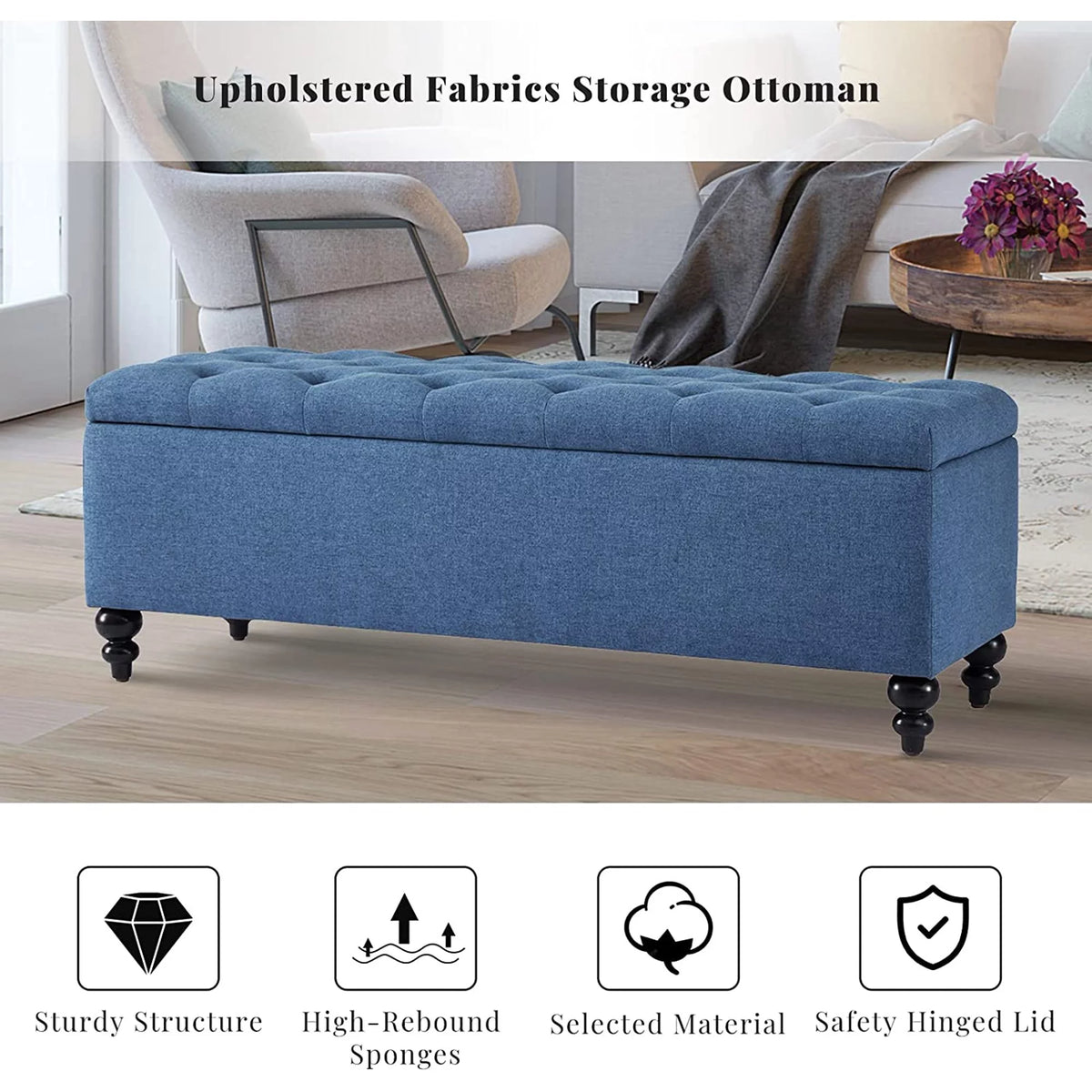 50.2" Blue Upholstered Storage Ottoman with Safety Hinge S1233