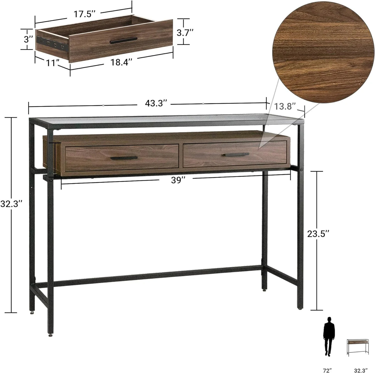 43 Inch Narrow Console Table with 2 Drawers Glass Top E4163